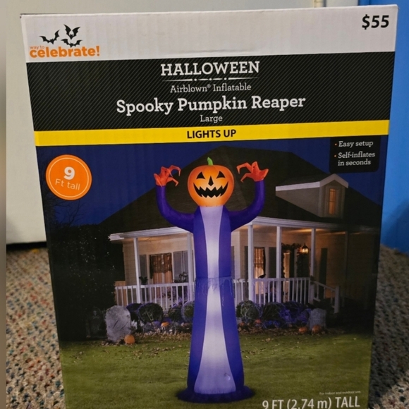 Halloween Large Air Blown Inflatable Lights Up Spooky Pumpkin Reaper NEW 9 Ft - Picture 1 of 3